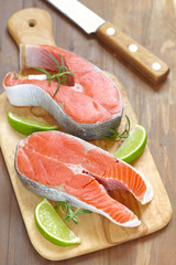 Raw red salmon steaks