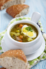 Sorrel soup with quail eggs