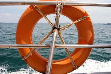Lifebuoy attached to boat in blue sea