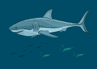 Decorative white shark in the sea with fish
