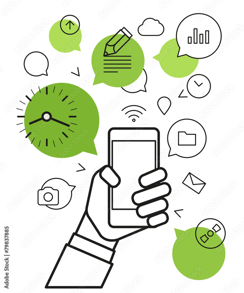 Poster communicating via modern smartphone. simple line design illustra