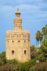 Fototapeta na wymiar Torre del Oro framed by gardens. Sevilla, Spain