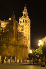 The Giralda of Seville illuminated at night. Spain