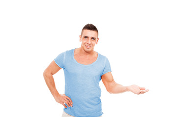 Bodybuilder presenting a product