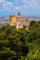 Panorama of Pena National Palace above Sintra town, Portugal. 