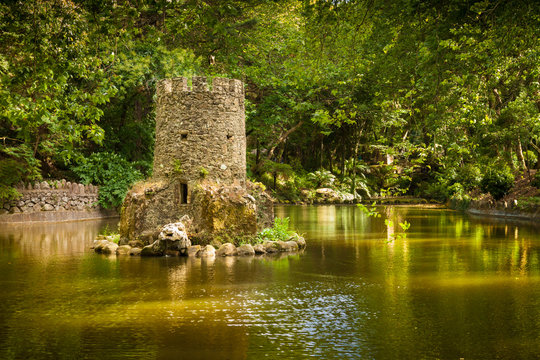 Fairytale Pond In The Park Of Pena National Palace. Sintra