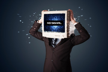 Man with a monitor head, no signal sign on the display