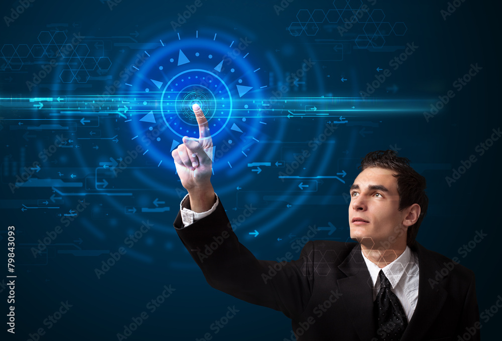 Poster handsome tech guy pressing high technology control panel screen