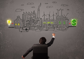 Business man looking at factory that makes money from ideas