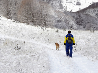 Man And His Friend Dog On A Snowy Country Road