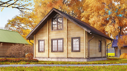 Wooden house in autumn forest