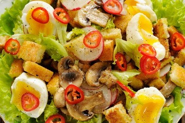 Salad Caesar with mushrooms, eggs, chili and radish with two for