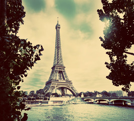 Fototapeta na wymiar Eiffel Tower and Seine River, Paris, France. Vintage