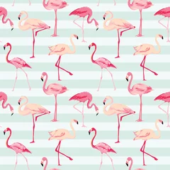 Afwasbaar Fotobehang Flamingo Flamingo Bird Achtergrond - Retro naadloos patroon in vector