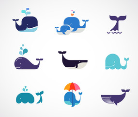 Collection of vector whale icons - obrazy, fototapety, plakaty