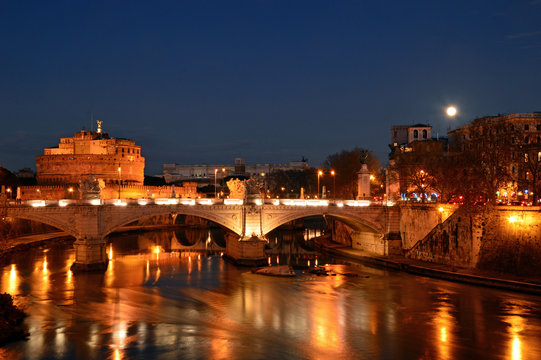 Night landscape with Castel Sant'Angelo in Rome - Italy