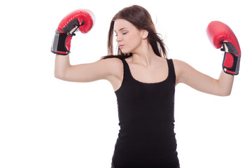 Healthy sporty boxer girl in white background.