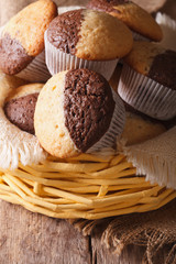 chocolate orange muffins in a basket close-up, vertical