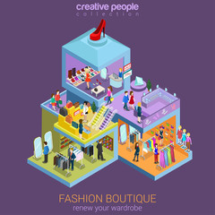 Flat 3d isometric fashion boutique shopping mall sale concept