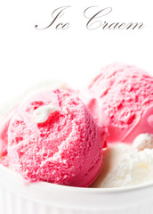 Strawberry ice cream in a white bowl isolated on white backgroun