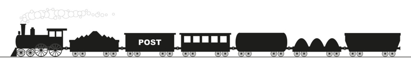 black silhouette of a locomotive with six different wagons