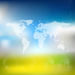 World map with dotted globes, abstract blurred background vector
