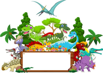 Dinosaur cartoon with landscape background and blank sign