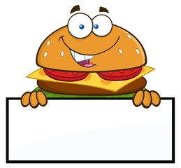 Hamburger Cartoon Character Over A Blank Sign