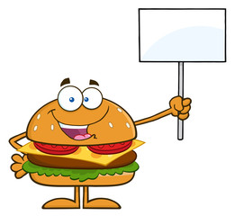 Hamburger Cartoon Character Holding A Blank Sign