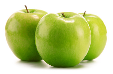 Composition with three green apples isolated on white