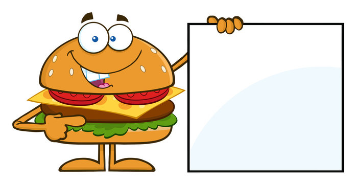 Funny Hamburger Cartoon Character Pointing To A Blank Sign