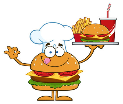 Chef Hamburger Holding A Platter With Burger, French Fries