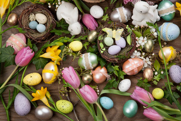Assorted eggs and flowers for Easter
