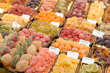 Sweets jelly for sale at market stall, La Boqueria Market