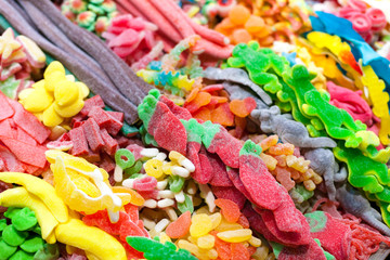 Colorful jelly candies for sale at market stall, La Boqueria