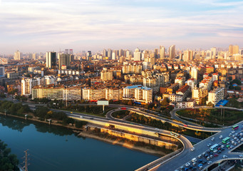 Aerial view of city at dusk
