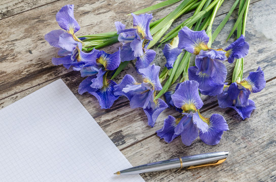 Bouquet blueflag or iris flower on wooden background