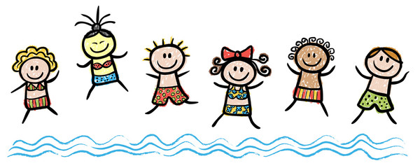 Badende springen ins Meer, handgezeichnet, Vektor, freigestellt © snyGGG