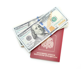 Fototapeta na wymiar Russian passport with American dollars