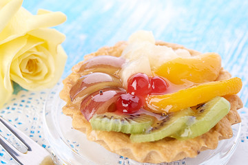 sweet cake with fruits on plate