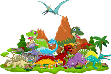 Dinosaur cartoon with landscape background - 79876672