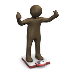 Gewichtsabnahme, Diät, Comicfigur auf Waage, 3D Illustration