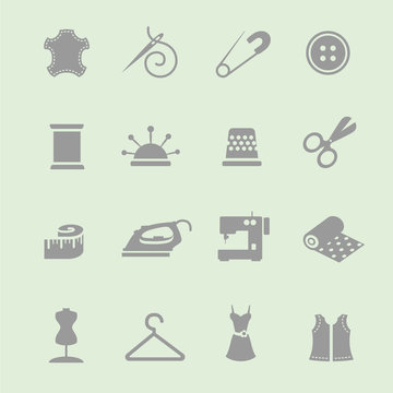 Vector sewing equipment and needlework icon set