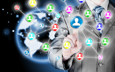 man hand pressing social media icon