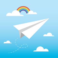 Paper Plane with Cloud and Rainbow. Blue sky background. Vector illustration