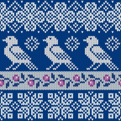 seamless knitted pattern with snowflakes and bird