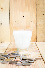 Glass of milk with coin on wooden background