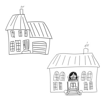 Set of hand drawn houses, doodled city, town set