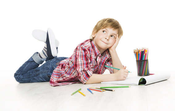 Little Child Boy Drawing Pencil, Artistic Creative Kid Thinking