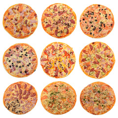 Collage of mixed pizza from top on white